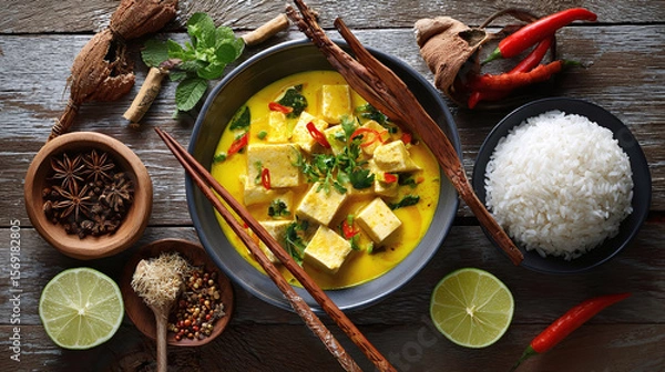 Obraz A bowl of yellow tofu curry with rice and spices on wooden table creates an authentic culinary experience.