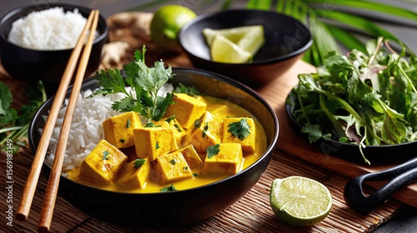 Obraz Delicious yellow tofu curry dish with rice cilantro and lime is displayed with chopsticks on a rustic table.