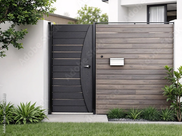 Fototapeta A modern house with a stylish gate and fence in a residential setting.