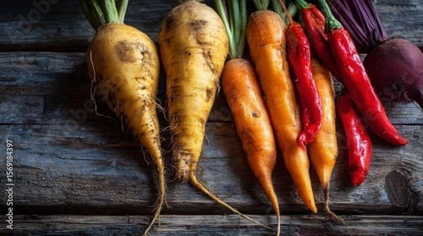 Fototapeta Golden beets, orange carrots, and red peppers arranged in a natural composition on aged wooden boards with gentle natural light