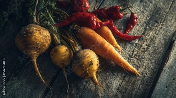 Fototapeta Golden beets, orange carrots, and red peppers arranged in a natural composition on aged wooden boards with gentle natural light