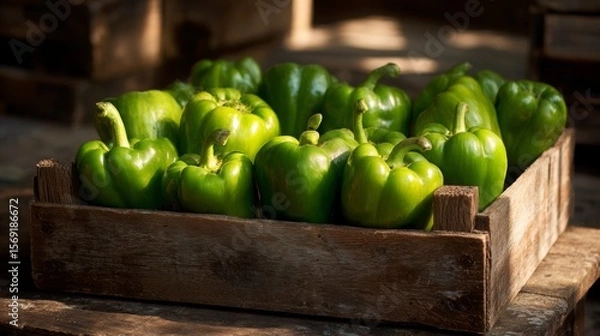 Fototapeta Green bell peppers arranged on a rustic wooden crate, glowing under natural sunlight that enhances their vibrant sheen