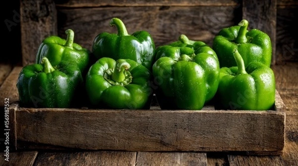 Fototapeta Green bell peppers arranged on a rustic wooden crate, glowing under natural sunlight that enhances their vibrant sheen