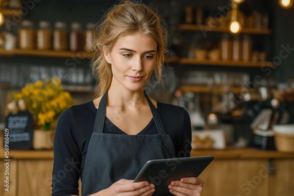 Fototapeta Cafe owner managing orders with a digital tablet in her restaurant. Using technology to enhance customer service.