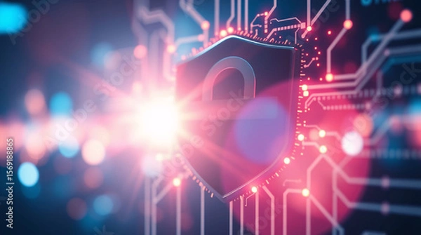 Fototapeta A digital lock symbolizing cybersecurity with a futuristic tech background.
