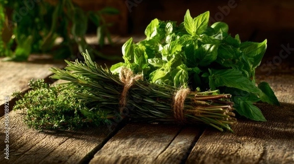 Fototapeta Green herbs like parsley, basil, and rosemary bundled on an aged wooden surface, sunlight casting gentle shadows enhancing their vibrant color