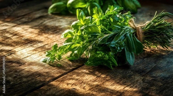 Fototapeta Green herbs like parsley, basil, and rosemary bundled on an aged wooden surface, sunlight casting gentle shadows enhancing their vibrant color