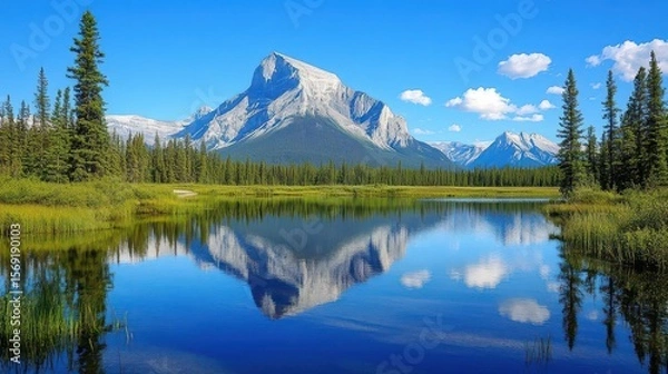 Fototapeta A serene mountain landscape reflecting in a calm lake under a clear blue sky.