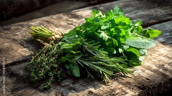 Fototapeta Green herbs like parsley, basil, and rosemary bundled on an aged wooden surface, sunlight casting gentle shadows enhancing their vibrant color