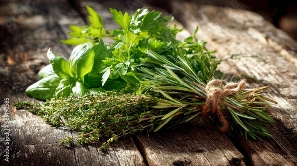 Fototapeta Green herbs like parsley, basil, and rosemary bundled on an aged wooden surface, sunlight casting gentle shadows enhancing their vibrant color