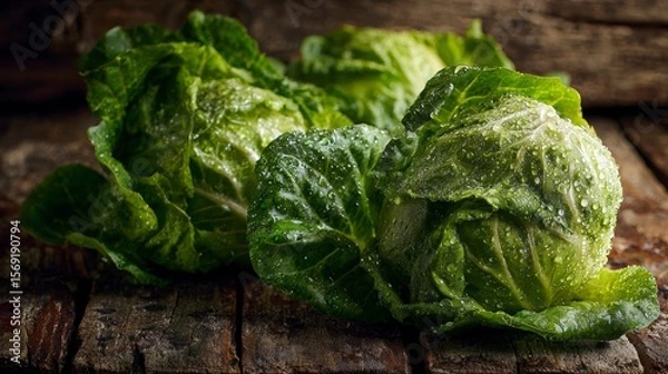 Fototapeta Organic green lettuce heads with dewdrops on rustic wooden planks, captured in golden morning light to emphasize freshness and natural farm vibes