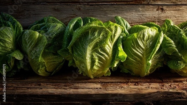 Fototapeta Organic green lettuce heads with dewdrops on rustic wooden planks, captured in golden morning light to emphasize freshness and natural farm vibes