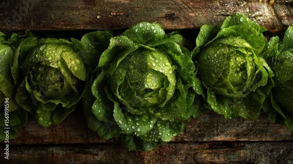 Fototapeta Organic green lettuce heads with dewdrops on rustic wooden planks, captured in golden morning light to emphasize freshness and natural farm vibes