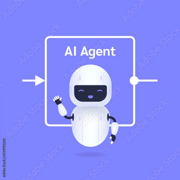 Obraz Robot cartoon character waving hello with AI agent workflow design, representing advanced technology and automation illustration.
