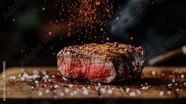 Obraz Sizzling steak sprinkled with spice