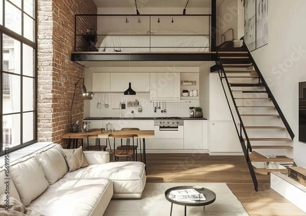 Obraz Industrial loft apartment interior design with mezzanine