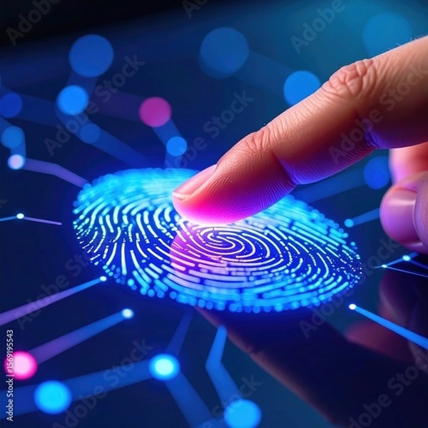 Fototapeta Finger Touching Glowing Fingerprint on Digital Screen – Macro Biometric Authentication in Neon Light