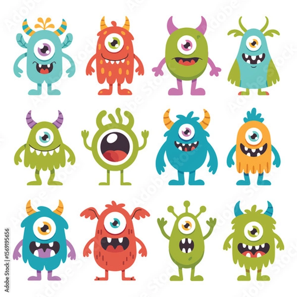 Fototapeta Halloween monsters characters vector set design. Halloween cute colorful monster character in happy, joyful, fun, cheerful facial expressions and horror emoticon in white isolated background. Vector