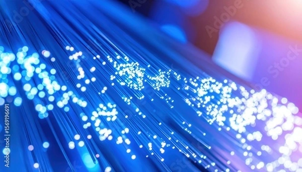 Fototapeta Macro Shot of Glowing Fiber Optic Cables. Abstract Light Pattern and Futuristic Technology