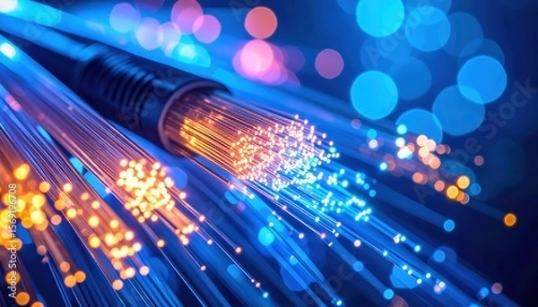 Fototapeta Macro Shot of Glowing Fiber Optic Cables. Abstract Light Pattern and Futuristic Technology