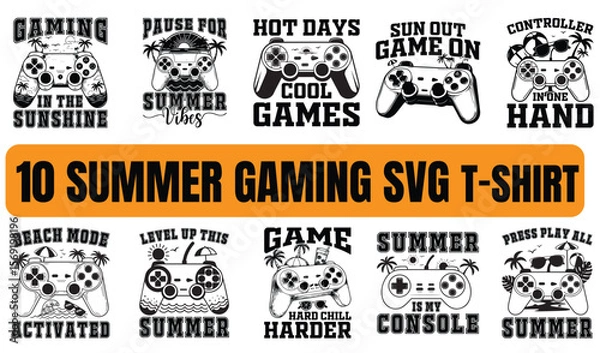 Fototapeta Ten summer gaming themed svg designs perfect for t-shirts featuring game controller graphics and vacation vibes