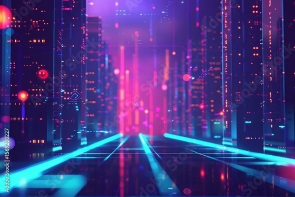 Fototapeta Data flows through glowing lines in server room, creating a vibrant, futuristic cityscape