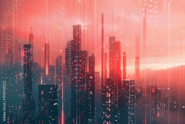 Fototapeta Data streams falling onto a futuristic cityscape at sunset, creating a mesmerizing blend of technology and urban life