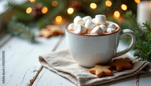 Obraz A cozy cup of hot chocolate topped with marshmallows, accompanied by gingerbread cookies on a wooden table. Soft holiday lights and greenery in the background.