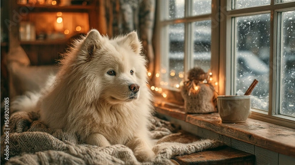 Fototapeta A fluffy white Samoyed dog rests on a cozy blanket by a window. Snow falls outside, creating a warm and inviting atmosphere indoors.