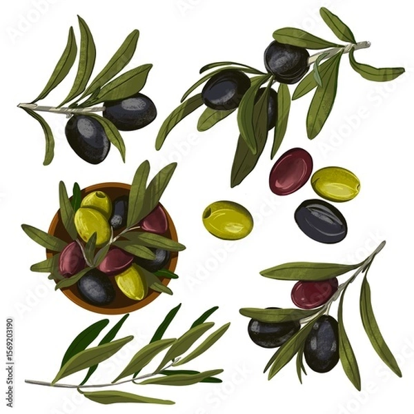 Fototapeta Set color olives and branches hand draw illustration