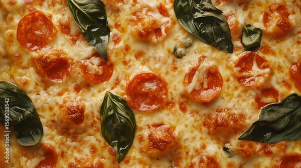 Fototapeta Pizza with basil close-up. Pizza background image. Used for menu and banner. High quality photo.