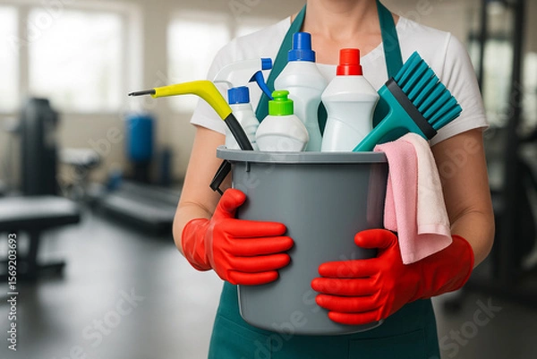 Obraz A professional cleaner wearing red rubber gloves holds a cleaning bucket filled with various cleaning products