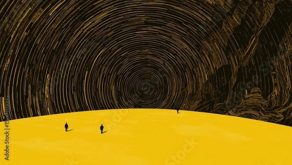 Obraz Three figures on yellow ground with star trails and dark textured background in surreal landscape