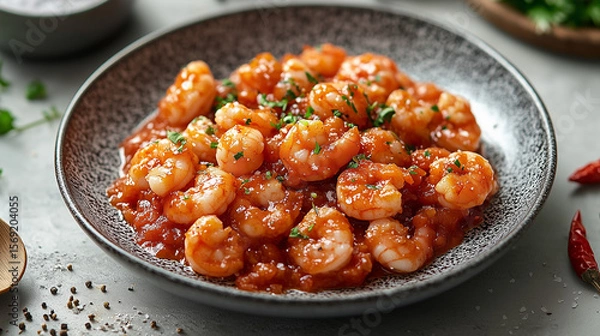 Fototapeta Tasty prawns fried with garlic and spices in tomato sauce close-up in a plate on the table.