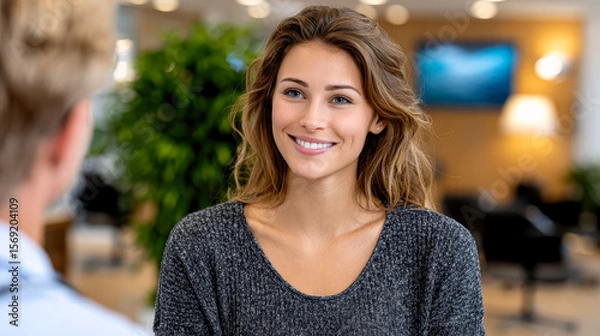 Fototapeta A young woman with wavy hair smiles warmly while having a conversation in a casual indoor setting with blurred background elements.