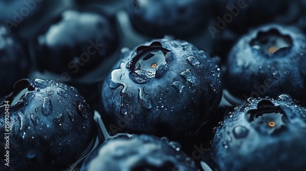 Fototapeta Water drops on ripe sweet blueberry. Fresh blueberries background with copy space for your text. Vegan and vegetarian concept. Macro texture of blueberry berries.Texture blueberry berries close up.