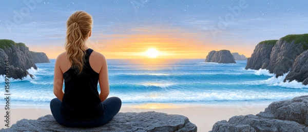 Fototapeta A woman sits on a rocky shore, meditating while watching a serene sunset over the ocean with waves gently crashing and distant cliffs framing the horizon.