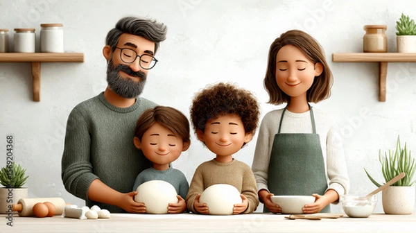 Fototapeta A happy family of four with closed eyes enjoys baking together, holding dough on a kitchen counter filled with baking ingredients and utensils.