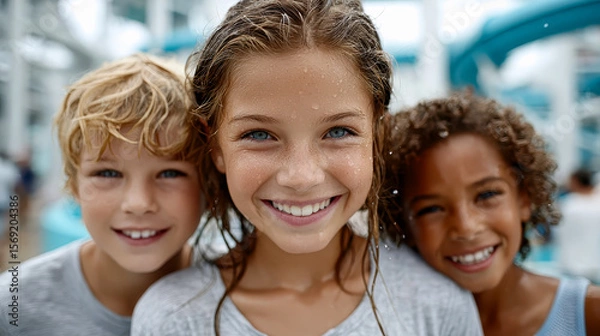 Fototapeta Three smiling children with wet hair stand close together, enjoying a fun day at a water park.
