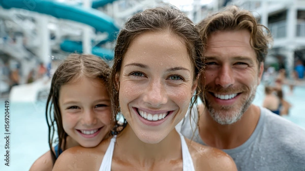 Fototapeta A smiling family of three enjoys a fun day at a water park with wet hair and bright expressions.