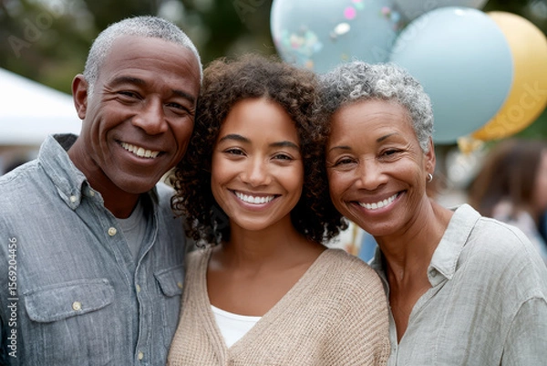 Fototapeta A joyful multigenerational family trio smiles warmly at an outdoor celebration with festive balloons in the background.