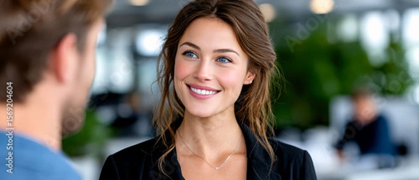 Fototapeta A smiling woman with brown hair engages in a friendly conversation with a man in a modern, bright office setting.