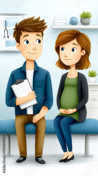 Fototapeta A pregnant woman and a man sit in a doctor's office, with the man holding a clipboard, both smiling and engaged in conversation.