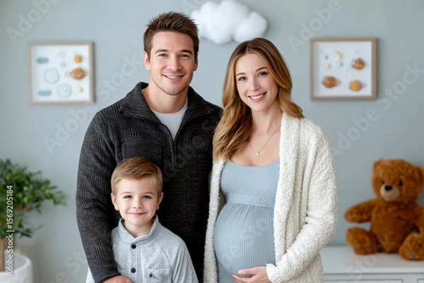 Fototapeta A happy family with a pregnant mother, father, and young son pose together in a cozy, softly decorated room with toys and plants.