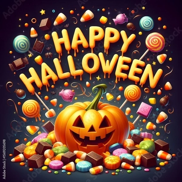Fototapeta An illustration of a cheerful jack-o'-lantern surrounded by magically floating Halloween candy. A group of these colorful candies has cleverly arranged itself to spell out "Happy Halloween"