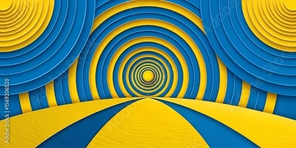 Obraz Blue and yellow concentric circles create a tunnel effect with a bright light at the end point view