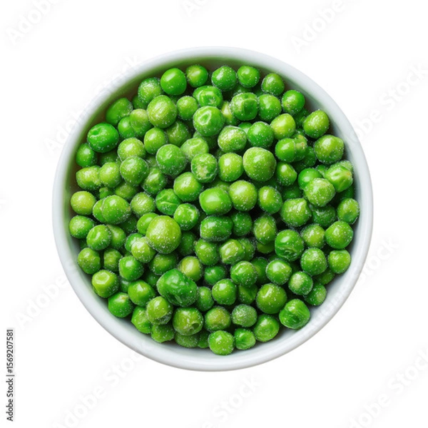Obraz Overhead view of a bowl containing freshly frozen green peas isolated on white