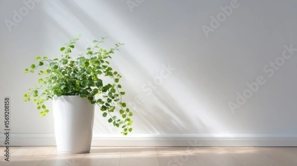 Fototapeta Potted green plant in a bright room with soft sunlight casting shadows on the floor, creating a serene and inviting atmosphere