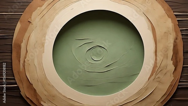 Obraz Abstract circular design with layered beige frame and green center with concentric circles art piece