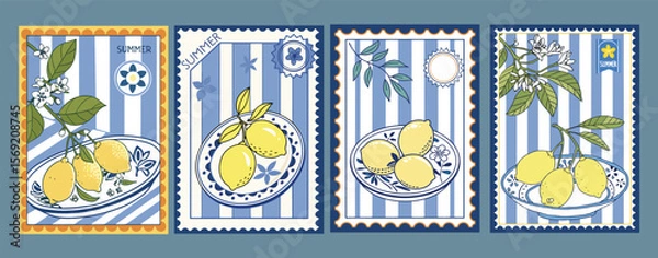 Fototapeta Summer in Amalfi Coast – Mediterranean Seamless Vector Pattern with Lemons, Sardines, Italian Blue Tiles and Ceramics – Perfect for Invitations, Posters, Stamps, and Cards